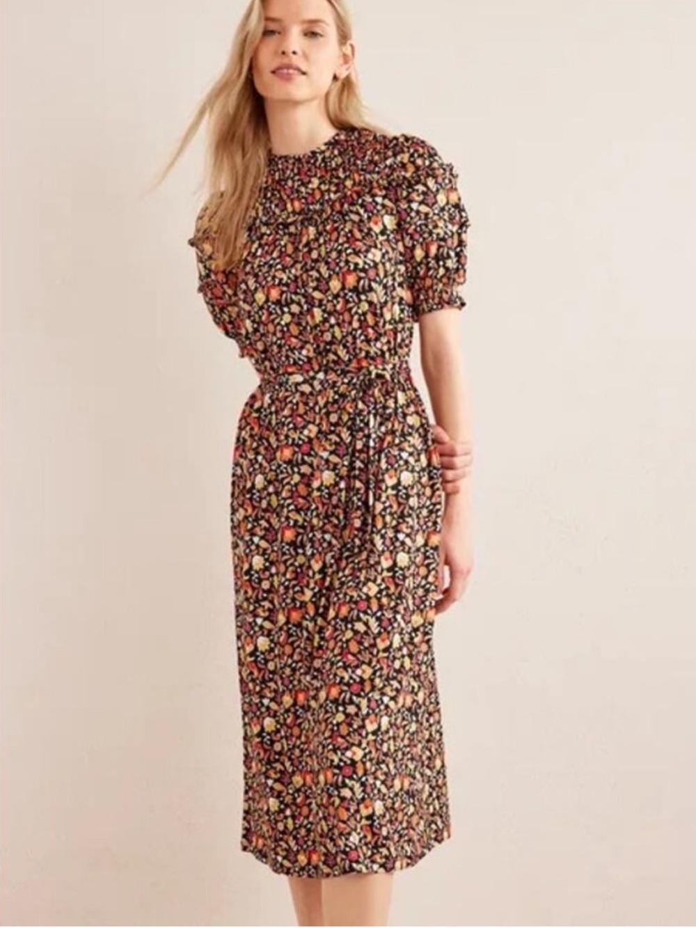 NWT Boden Yoke Detail ruffle black floral midi dress DO528 puff sleeve size 12P